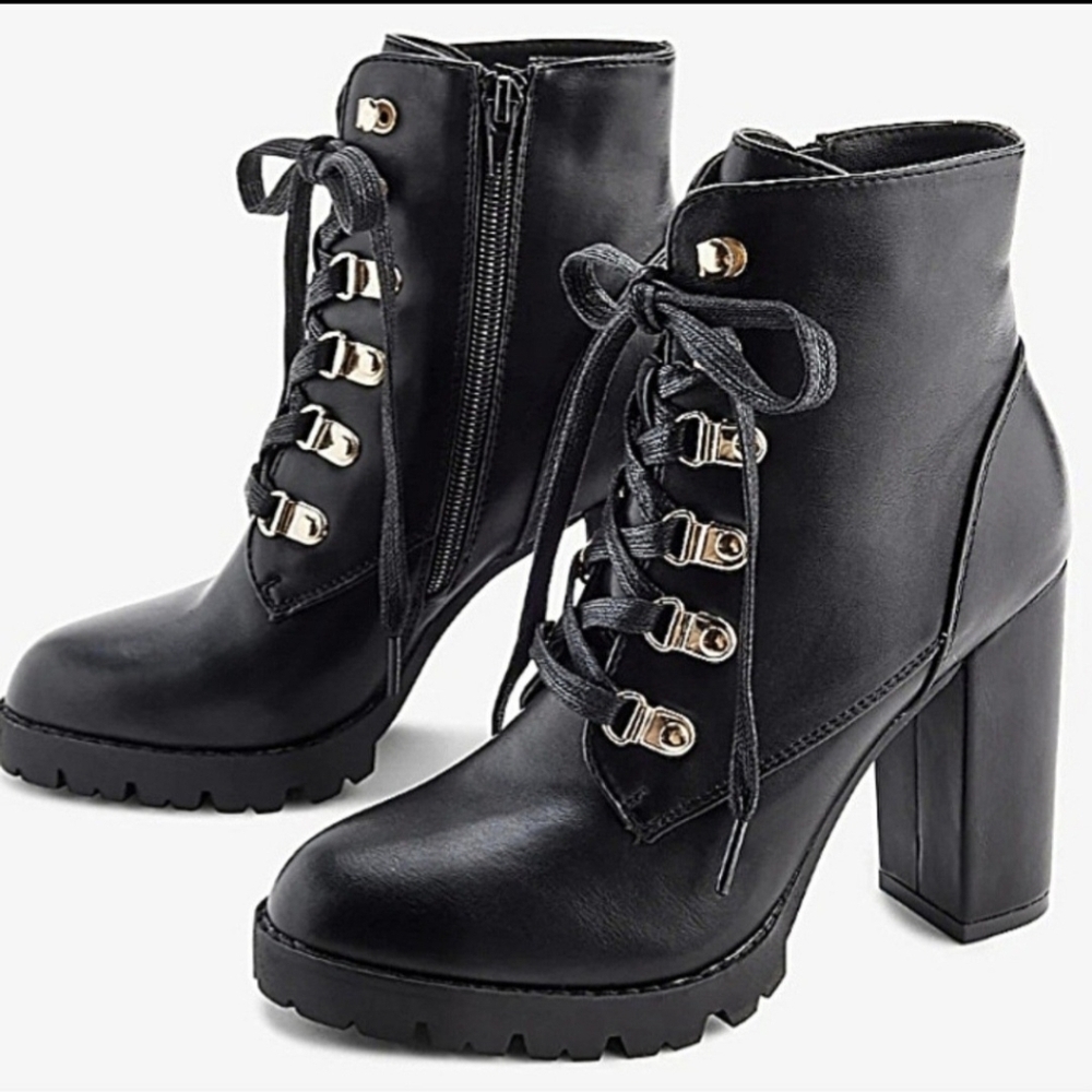 Express Shoes Laced-up Lug High Heel Black Boots   Women Size 8